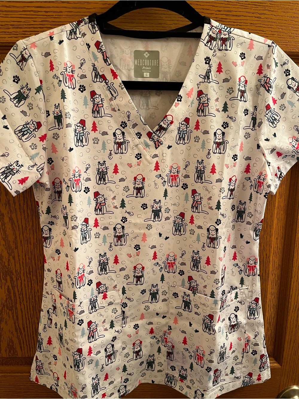 Med Couture Pink and Black Holiday Cat Print Scrub Top
